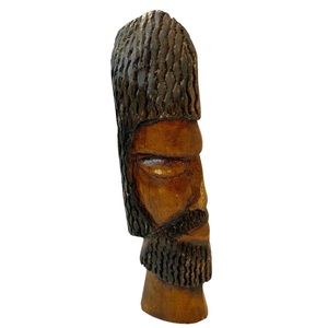 Vintage African Art Hand Carved Wood Wooden Bearded‎ Man's Head Sculpture Statue